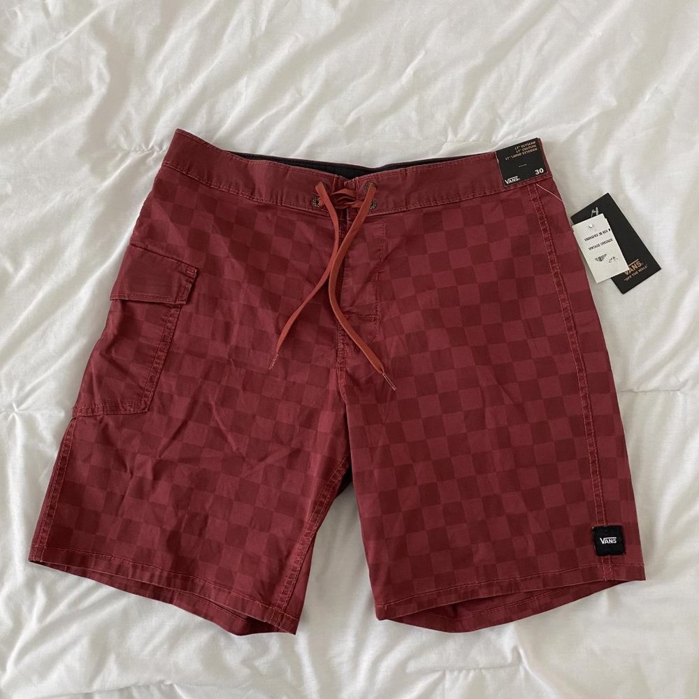 NWT Vans Men's Check Stretch Cotton Swim Trunks Size 30 in Burned Red MSRP $55
